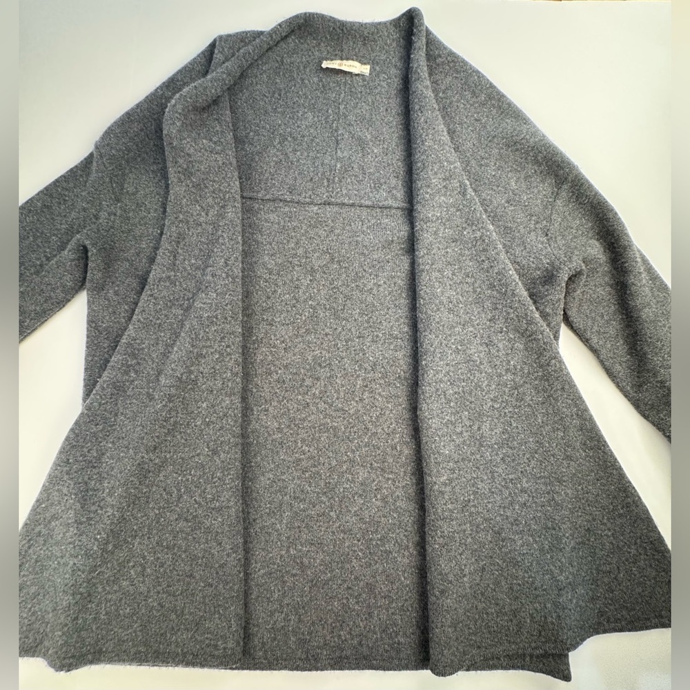 Tory Burch Grey Merino Wool Knit Cardigan Sweater Women’s Large Shawl Collar Euc